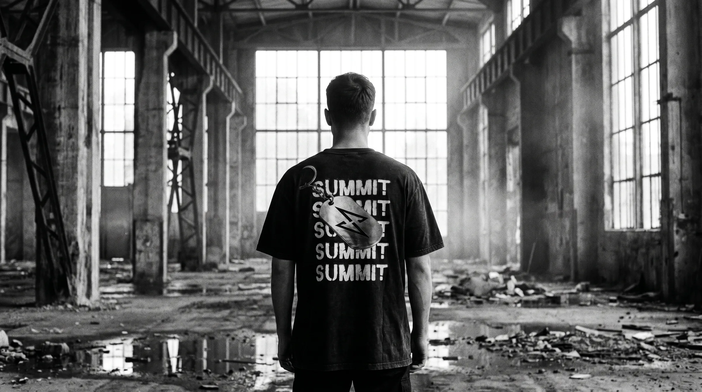 Summit Tee – Rückenansicht mit Stencil-Print, getragen in einer leerstehenden Industriehalle